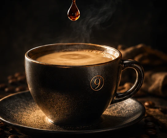 Dunkle Kaffeetasse mit Crema im warmen Licht